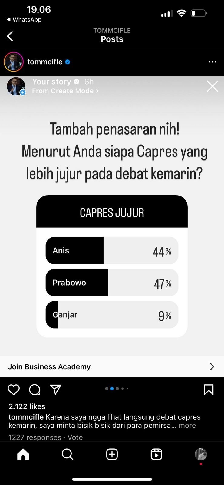 Hasil polling milik Tom MC Ifle tentang capres usai debat perdana. (Dok: Instagram @tommcifle)