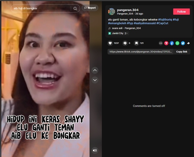 Konten yang memfitnah Aaliyah disimpan oleh Fuji (TikTok)