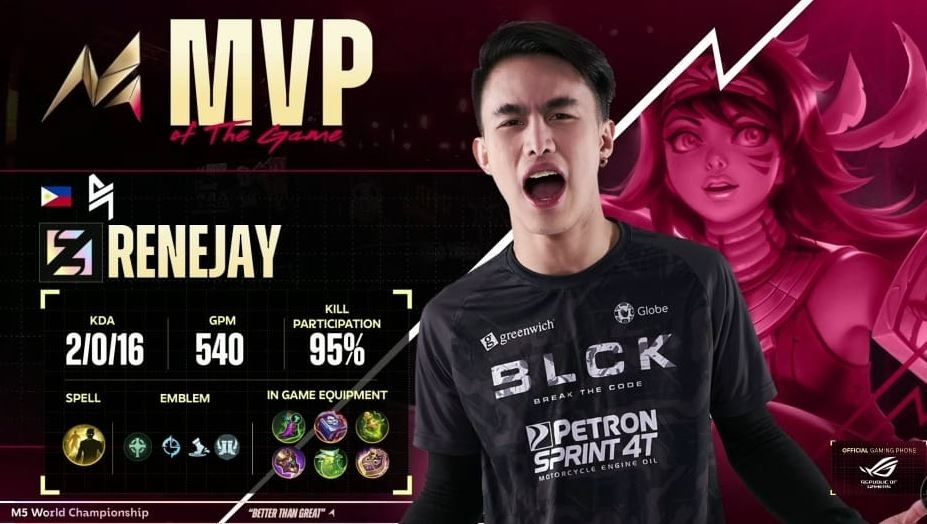 Item build Mathilda tersakit. Ilustrasi BLCK Renejay jadi MVP di laga BLCK vs GEEK. (YouTube MLBB Esports)