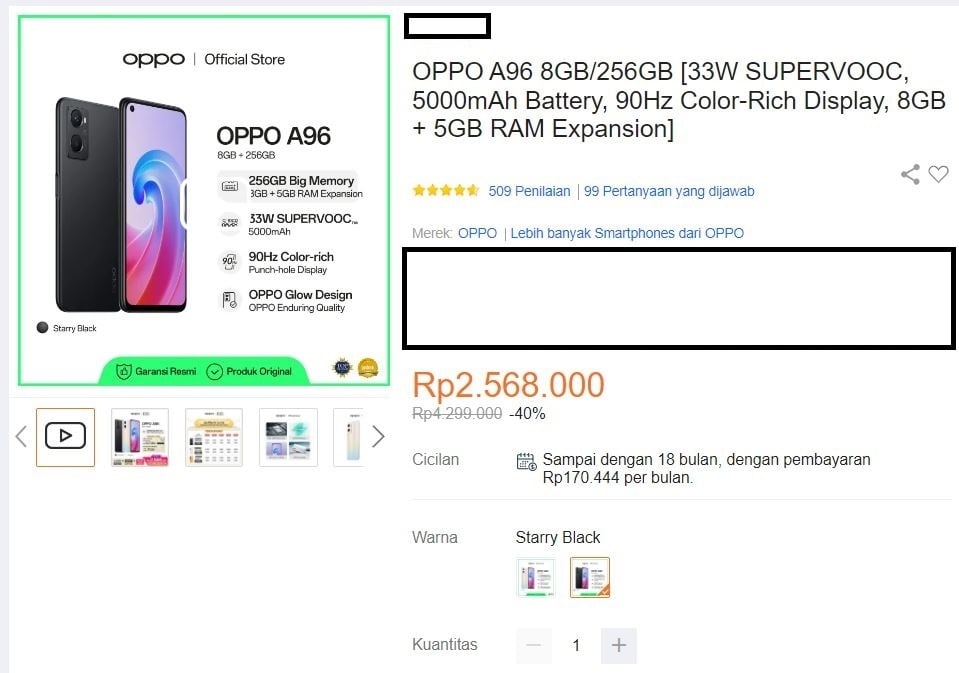 Update harga Oppo A96 periode Desember 2023. (Lazada)