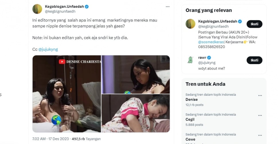 Denise Chariesta trending di Twitter (X) lantaran dinilai vulgar saat menyusui anak. (X)