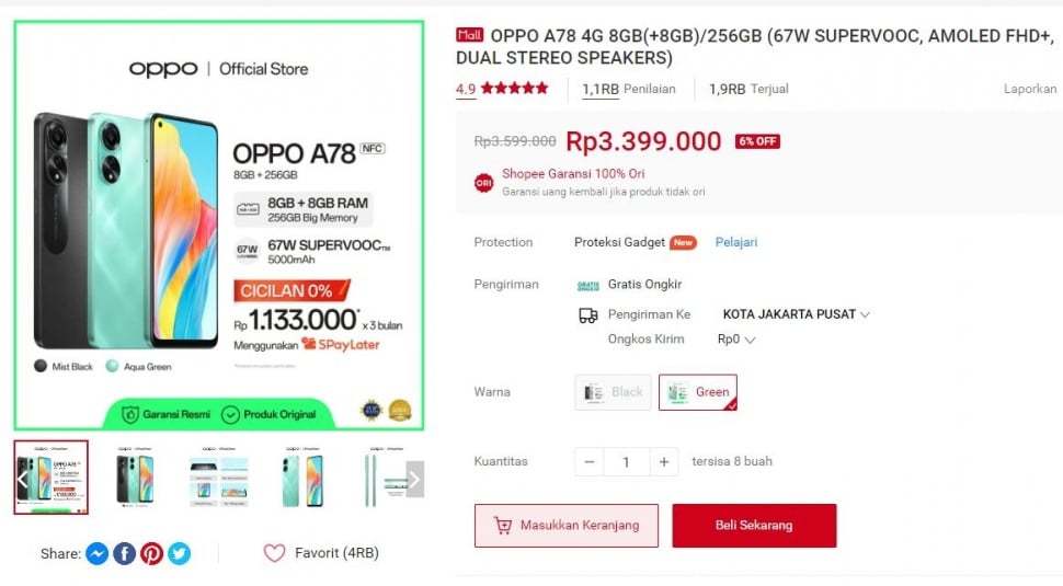 Update harga Oppo A78 4G periode Desember 2023. (Shopee)