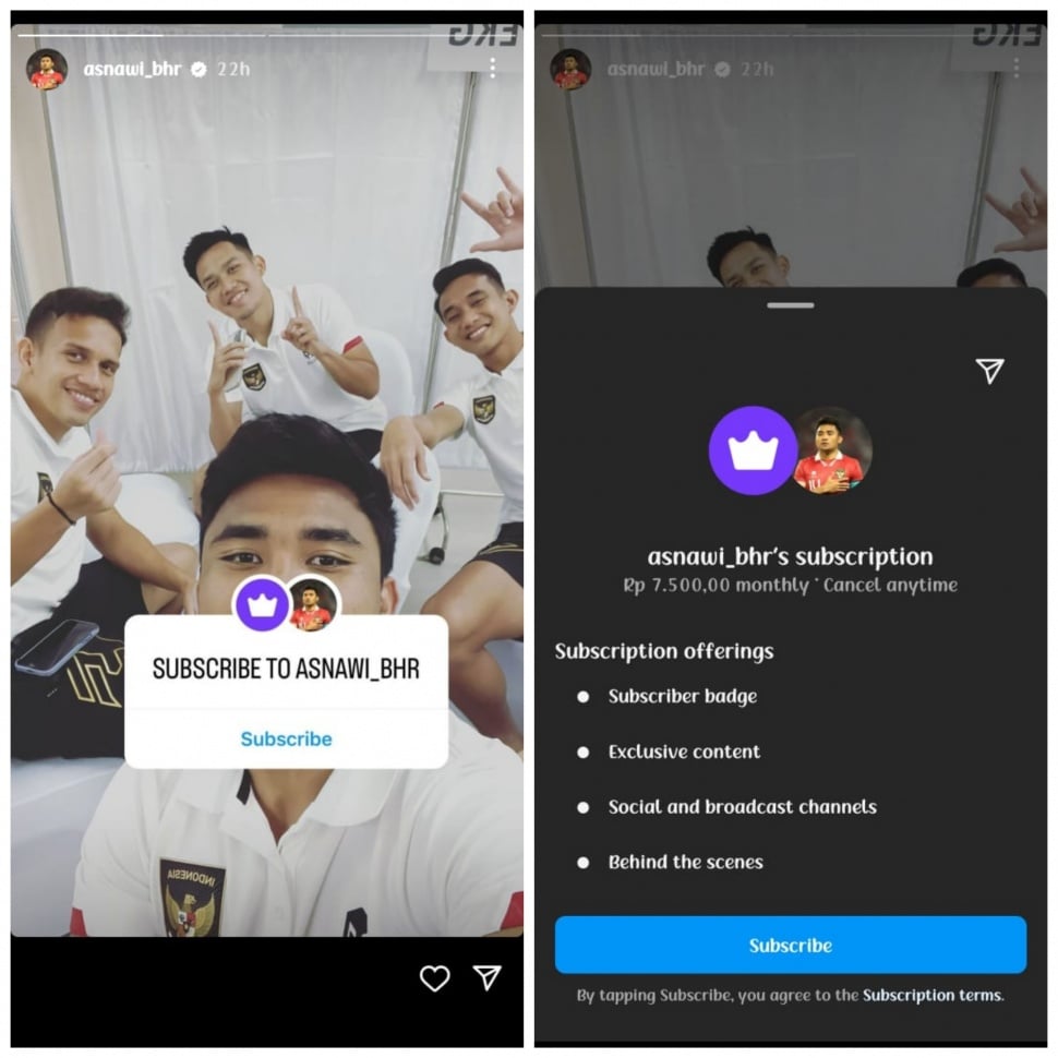 Tangkapan layar Asnawi Mangkualam jual konten eksklusif Instagram. (IG Story/@asnawi_bhr)