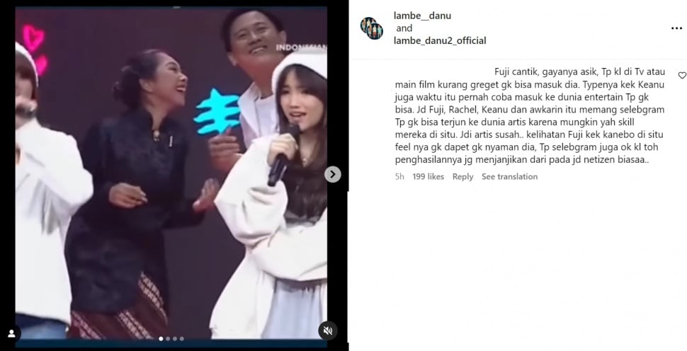 Komentar Fuji tidak bisa masuk dunia artis (Instagram/lambe_danu)