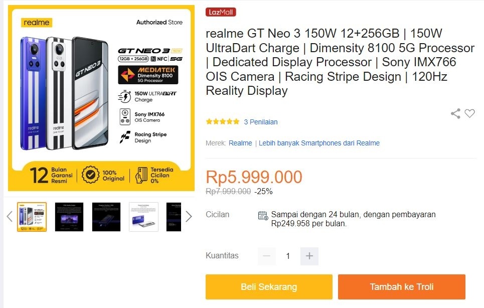 Update harga Realme GT Neo 3 Desember 2023. (Lazada)