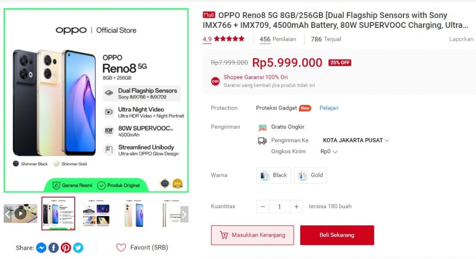 Update harga Oppo Reno8 5G periode Desember 2023. (Shopee)