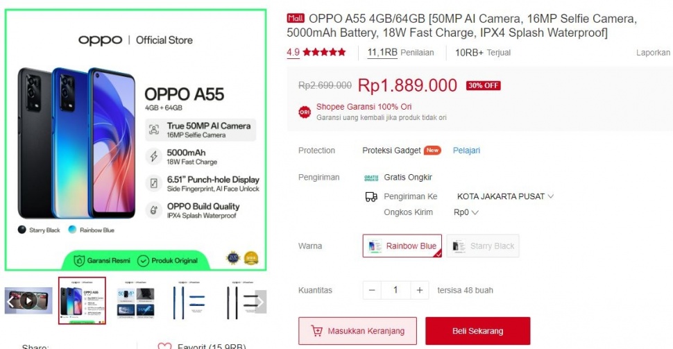 Harga Oppo A55 kini dibanderol Rp 1 jutaan. (Shopee)