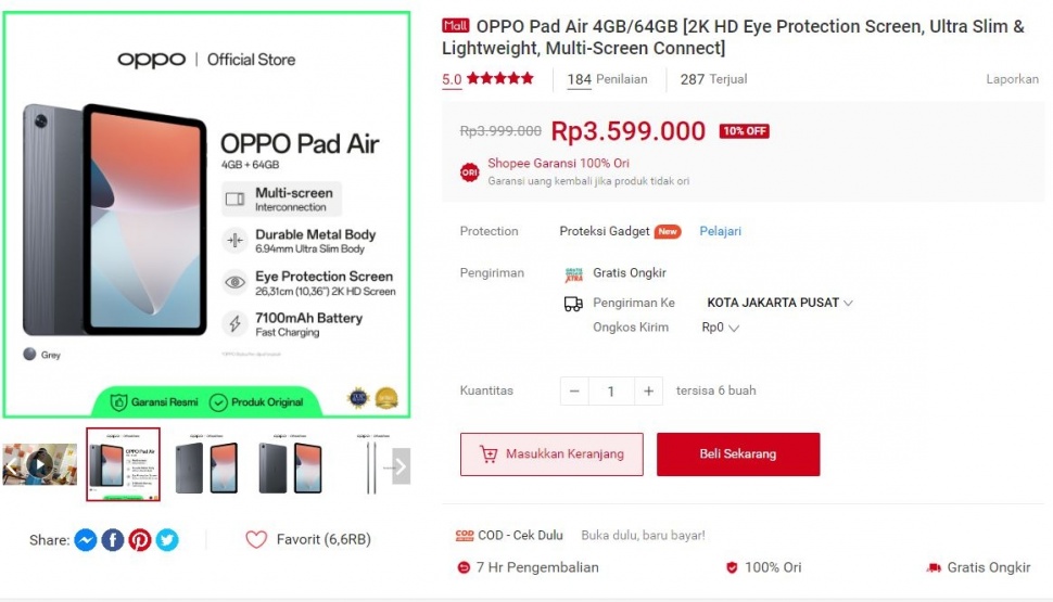 Update harga Oppo Pad Air periode Januari 2024. (Shopee)