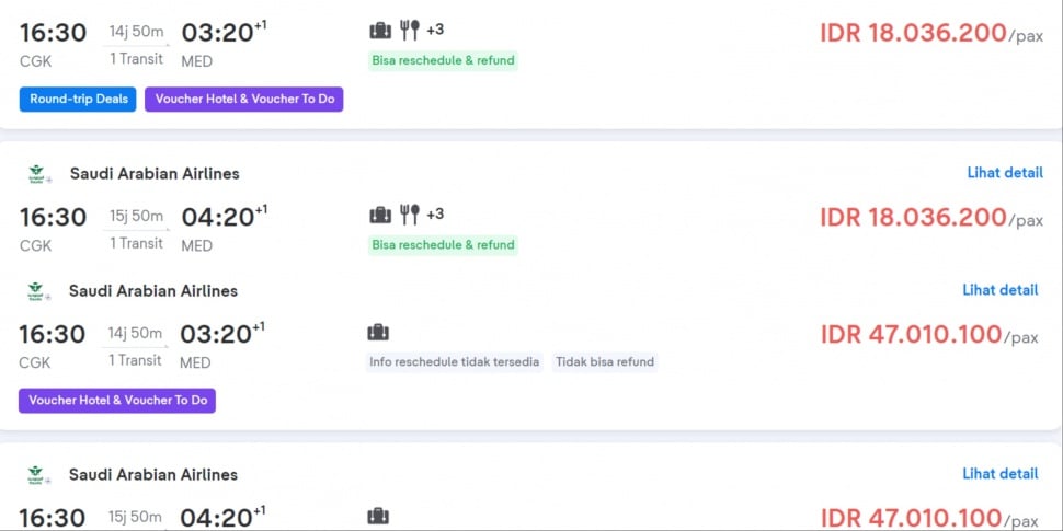 Perbandingan tiket pesawat Teuku Ryan dan Ria Ricis (Tiket.com)