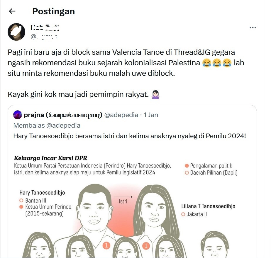 Seorang warganet mengaku diblokir Valencia Tanoesoedibyo gara-gara merekomendasikan buku tentang Palestina. [Twitter]