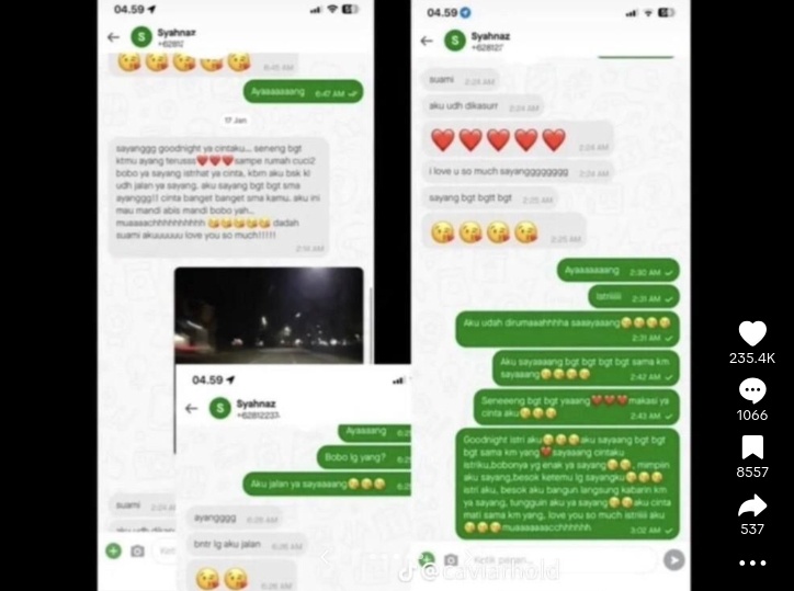 Tangkapan layar bukti perselingkuhan Rendy Kjaernett dan Syahnaz Sadiqah. (TikTok/@bintang_yes.iam)