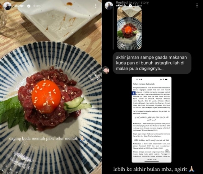 Okin makan daging kuda mentah dan telur mentah di Jepang (Instagram)