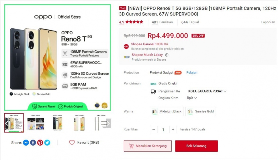 Update harga OPPO Reno8 T 5G Januari 2024. (Shopee)