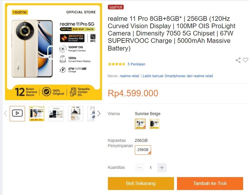 Update harga Realme 11 Pro 5G periode Januari 2024. (Lazada)