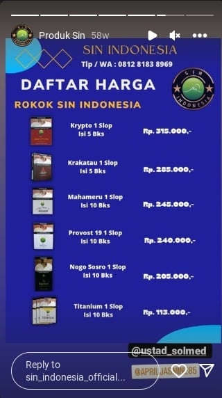 Harga rokok herbal SIN milik Ustaz Solmed. (Instagram/@sin_indonesia_official)