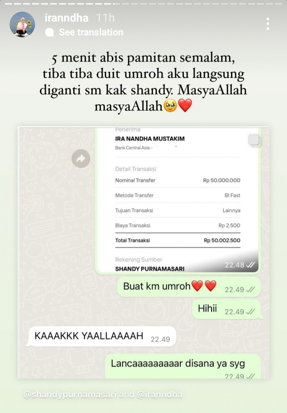 Shandy Purnamasari Transfer Rp50 Juta Untuk Ira Nandha Umrah (Instagram)