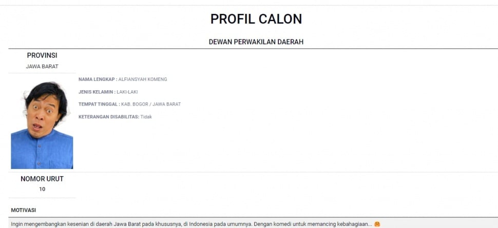 Foto unik Komeng di profil caleg DPD RI. [https://infopemilu.kpu.go.id/]