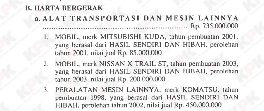 LHKPN koleksi kendaraan Ahok waktu masih Jadi Bupati Belitung Timur. (LHKPN/KPK)