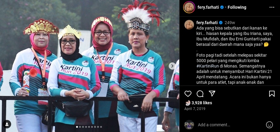 Tangkapan layar unggahan lawas Fery Farhati bersatu Iriana Jokowi, Mufidah Kalla, dan juga Erni Guntarti. (Instagram/@fery.farhati)