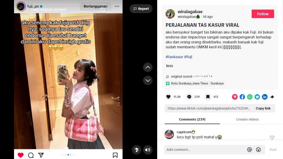 Curhatan desainer tas kasur yang dipakai Fuji. (TikTok/wiralagabae)