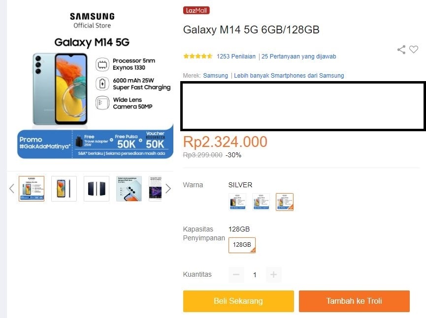 Update harga Samsung Galaxy M14 5G periode Januari 2024. (Lazada)