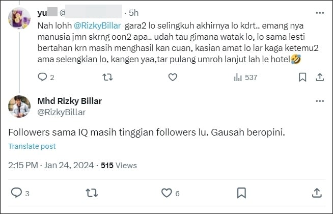 Capture balasan Rizky Billar. 