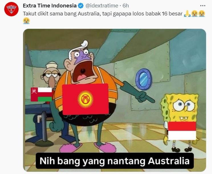 Meme Indonesia lolos 16 besar Piala Asia 2023. (X @idextratime)