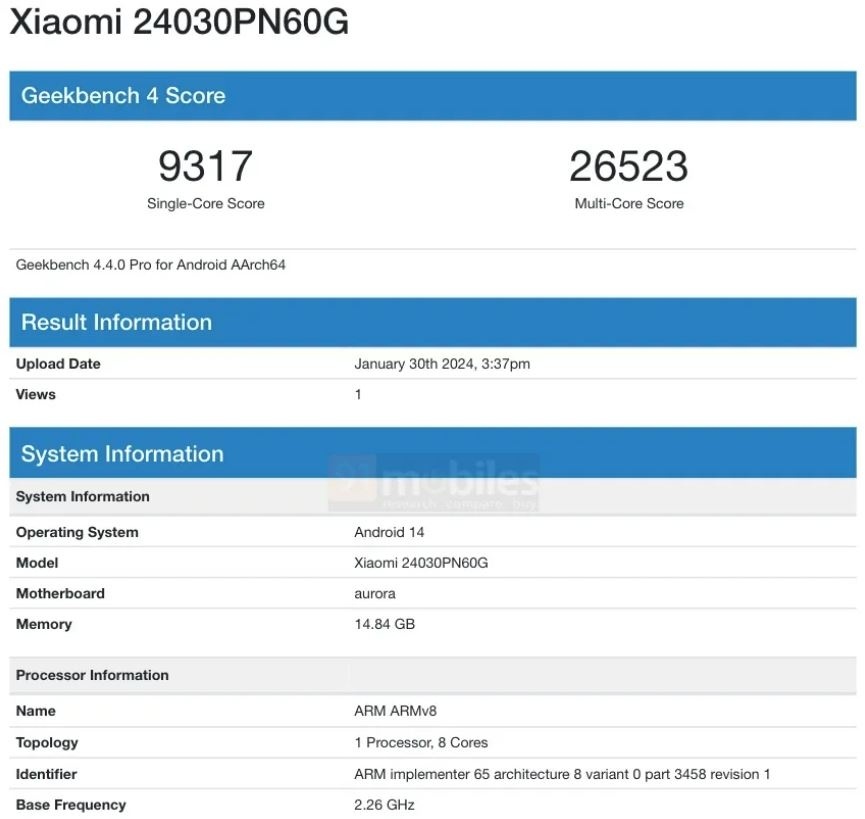 Hasil tes performa Xiaomi 14 Ultra di Geekbench 4. (91Mobiles)