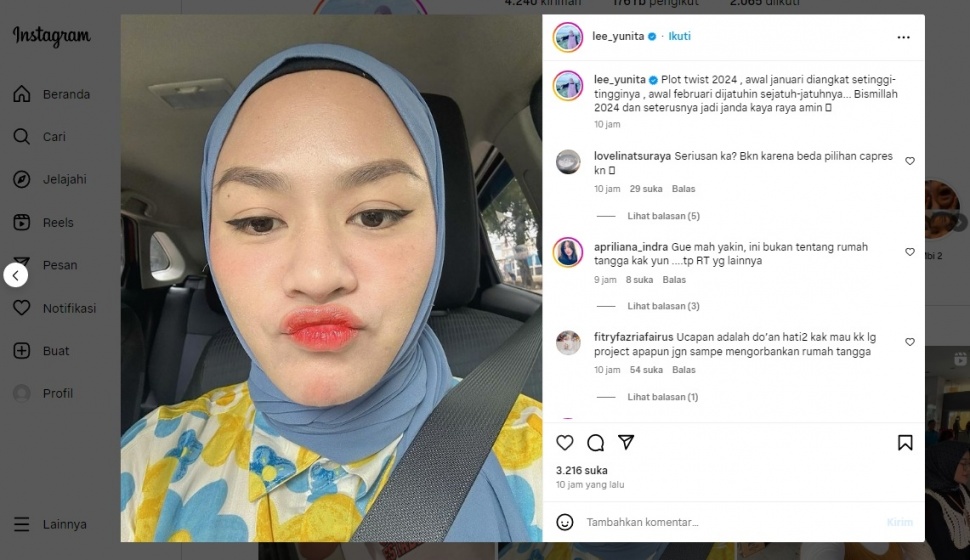 Bidik layar unggahan Yunita Lestari mantan istri Daud Mini [Instagram]