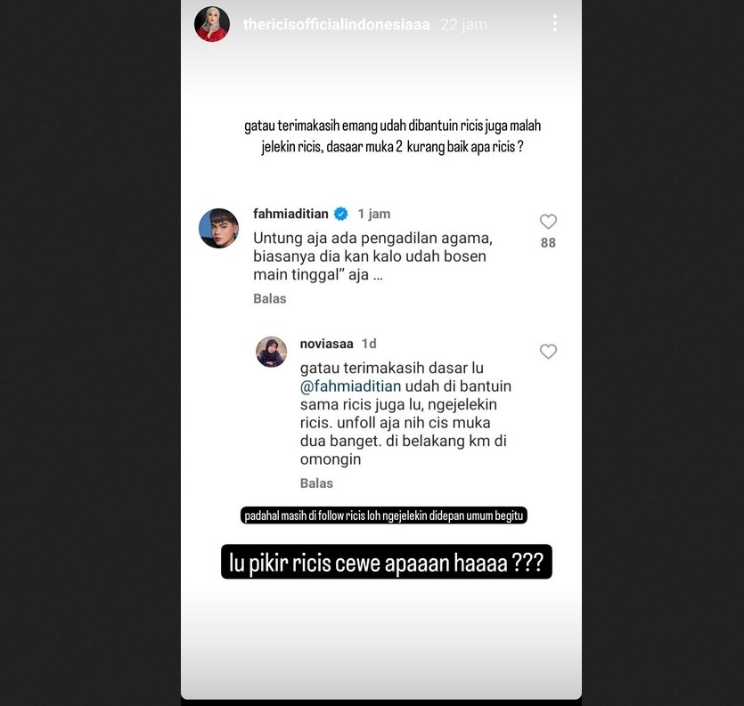 Fahmi Aditya komentari perceraian Ria Ricis dan Teuku Ryan, yang kemudian membuat geram fans Ricis. [Instagram]