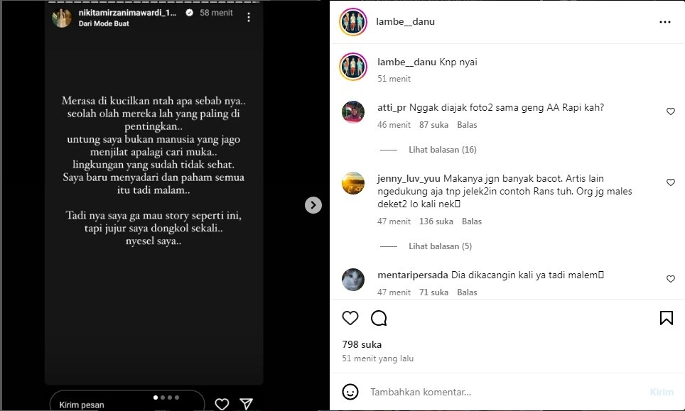 Unggahan soal Nikita Mirzani [Instagram/@lambe__danu]