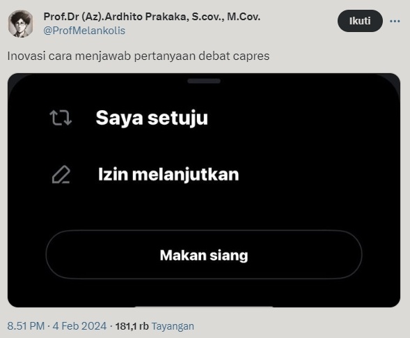 Meme debat terakhir Capres 2024. (x/ProfMelankolis)