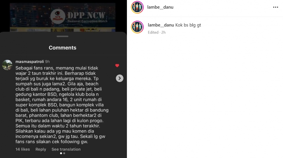 Komentar netizen mengenai bisnis dan aset Raffi Ahmad (Instagram/lambe_danu)