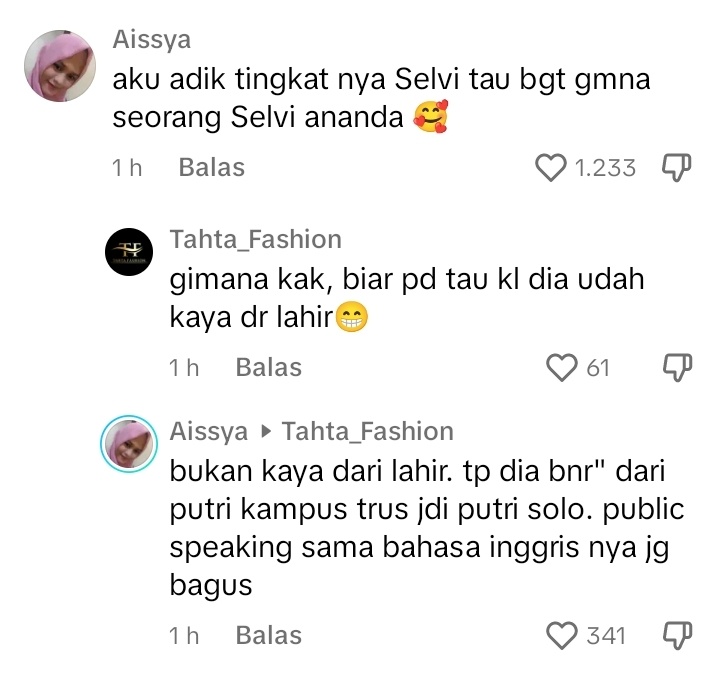 Komentar adik kelas Selvi Ananda (TikTok)