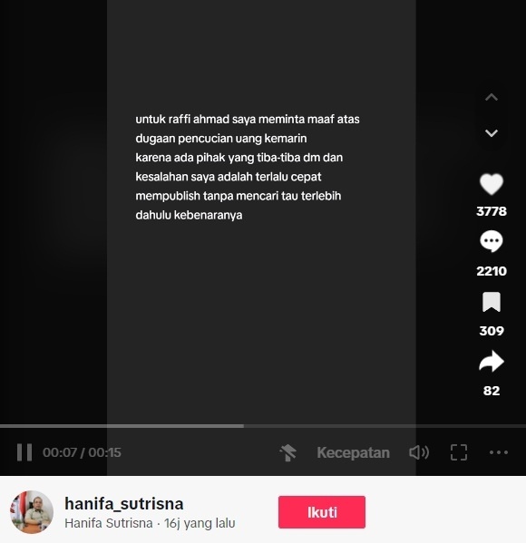 Postingan minta maaf ke Raffi Ahmad mengatasnamakan Ketua Umum NCW, Hanifa Sutrisna.  