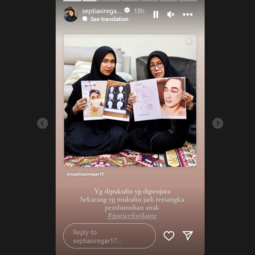 Septia Siregar, istri Putra Siregar mengungkap kalau Yudha Arfandi adalah sosok yang ikut mengeroyok sang suami dan Rico Valentino. [Instagram]