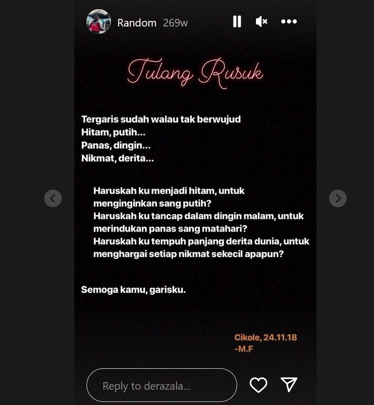 Salah satu puisi yang dibuat Muhammad Fardana, calon suami Ayu Ting Ting. [Instagram]