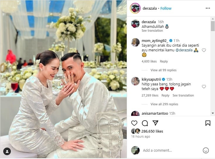 Foto Ayu Ting Ting Tunangan di Instagram Muhammad Fardana. (Instagram.@derazala)