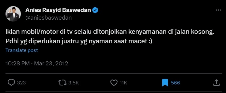 Cuitan lawas Anies Baswedan soal macet. (X/aniesbaswedan)