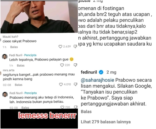 Fedi Nuril menganggap Prabowo Subianto sebagai pelayannya (Instagram)