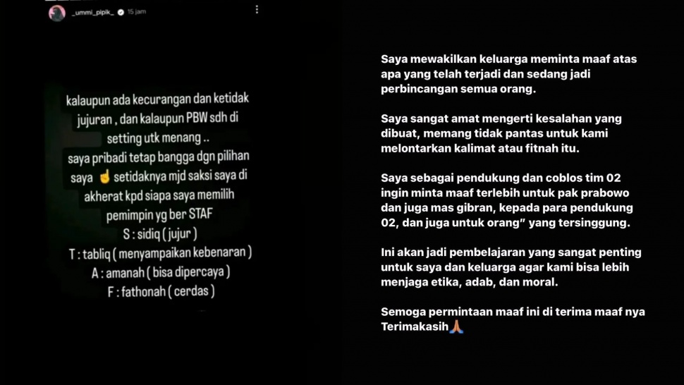 Abidzar minta maaf usai gaduh pernyataan Umi Pipik menduga Prabowo lakukan kecurangan. (Instagram)