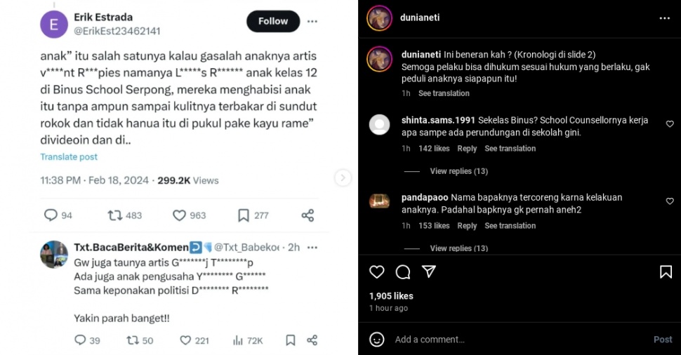 Tangkapan layar anak Vincent Rompies diduga pelaku bullying di sekolah. (Instagram/@dunianeti)