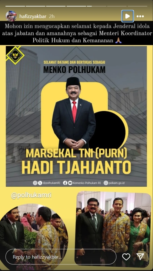 Tangkap layar Instagram Story Hafiz Prasetya Akbar yang digadang sebagai calon menantu Andhika Perkasa (Instagram/hafizzyakbar)