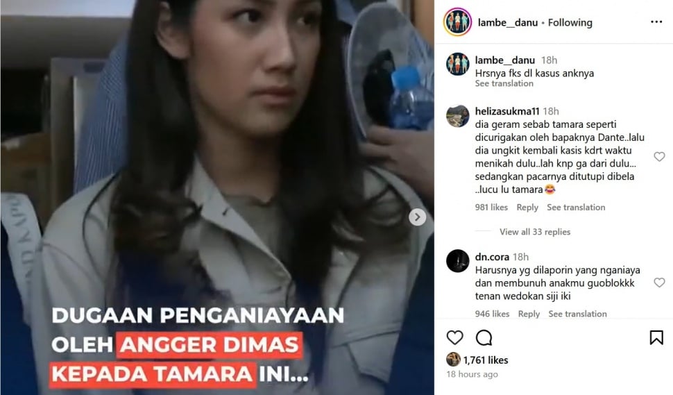 Akun gosip @lambe__danu mengunggah berita soal kasus KDRT terhadap Tamara Tyasmara yang kembali mencuat. [Instagram]