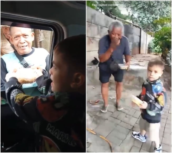 Eadred Koa Lewis Miguel membagikan makanan ke orang-orang di pinggir jalan (TikTok)