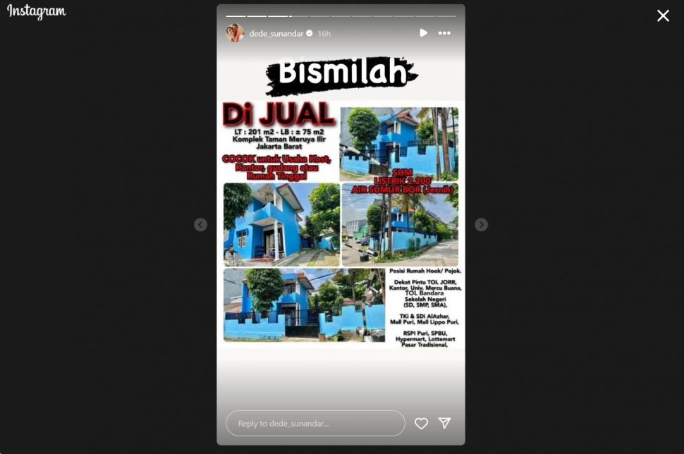 Tangkap layar unggahan Instagram Story Dede Sunandar jual rumah di Komplek Taman Meruya Ilir, Jakarta Barat (Instagram/dede_sunandar)