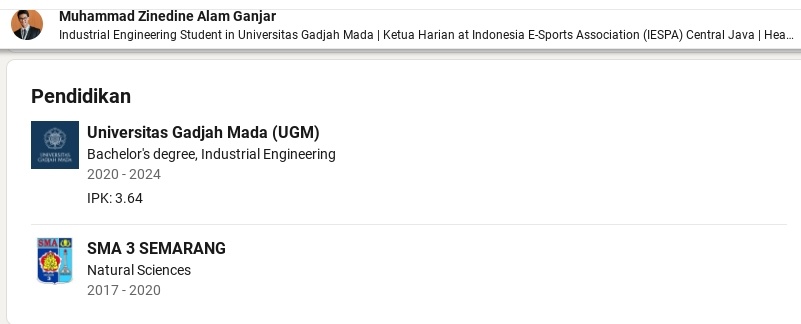 Tangkapan layar LinkedIn Alam Ganjar yang memperlihatkan IPK-nya di UGM. (LinkedIn)