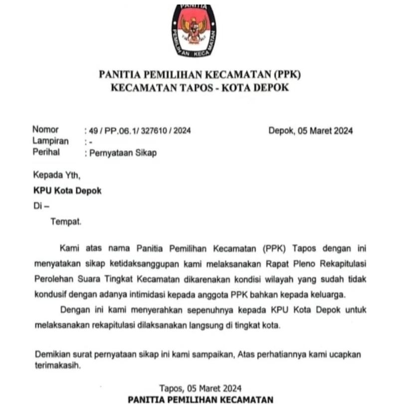 Surat PPK Tapos Depok terkait kabar intimidasi saat rekapitulasi suara Pemilu 2024. (tangkapan layar/ist)