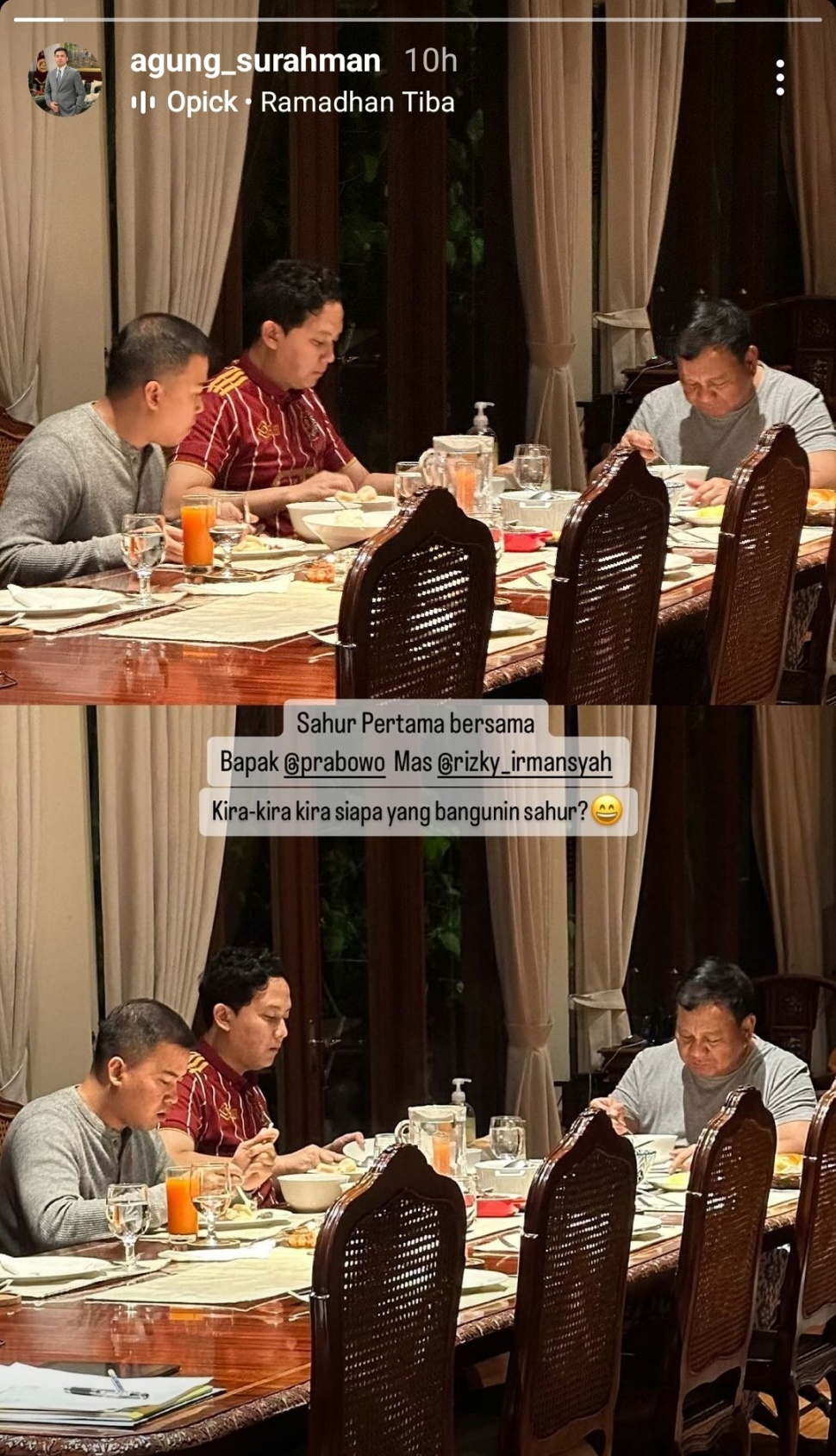 Sahur Pertama Prabowo Subianto Bersama Sekpri (Instagram)