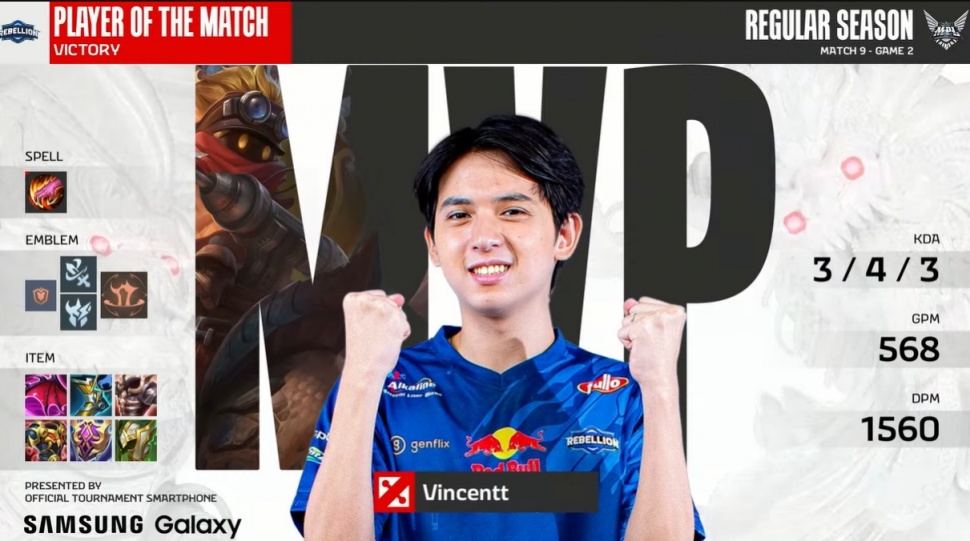 Build Barats terkuat ala RBL Vincent. RBL menang 2 vs 0 atas RRQ di MPL ID Season 13 Week 2. (YouTube/MPL Indonesia)